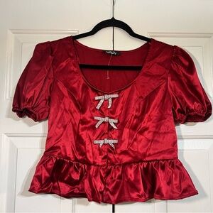 Crystal Sky Red Satin Cropped Top Blouse Crystal Sparkling Bows Size Medium NWT